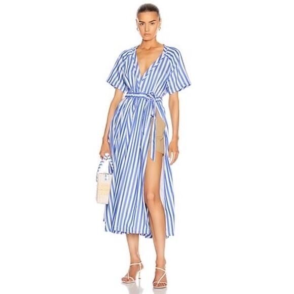 ROSIE ASSOULIN Blue White Striped Wrap Skort Side Slit V-Neckline Dress Size 6 - Picture 1 of 16